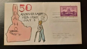 1940 FDC 50th Anniversary Idaho Hand Painted Boise ID Cincinnati OH - Picture 1 of 2