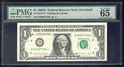 FR 1915-D* 1988-A $1 *STAR* FEDERAL RESERVE NOTE CLEVELAND, OH PMG GEM UNC-65EPQ - Image 1 of 2