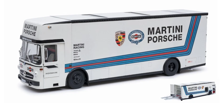 MERCEDES O 317 K RACE CAR TRANSPORTER TEAM PORSCHE MARTINI  1:18 SH450032400 - Immagine 1 di 1