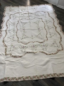 Vintage Cotton Floral Scalloped Queen Quilt Comforter Set Shams Beige Cottage - Picture 1 of 16