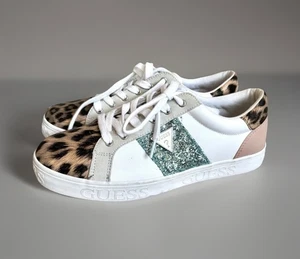 Guess Damen Loven Freizeit Schnürschuhe Sneaker weiß braun Pailletten Leopard US 11 M - Bild 1 von 6