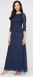 Abito lungo Alex sera con paillettes corpetto pizzo e gonna chiffon vestito blu navy taglia 8P - Foto 1 di 7