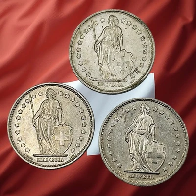 Lot of 3 Switzerland 1 Franc Coins - 1968 B, 1969 B & 1970 - Combined Ship - Image 1 of 2