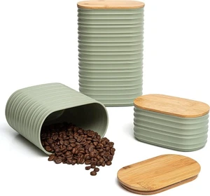 Olive Green Kitchen Canister Set 3pc Airtight Bamboo Lid Coffee Tea Sugar - Picture 1 of 5