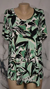 JM COLLECTION Green White Black Gold Short Sleeve Top Large Rayon Spandex - Picture 1 of 8