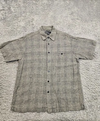 Marc Edwards Shirt Men Large Gray Washable Linen Windowpane Plaid Button Up - Image 1 of 4