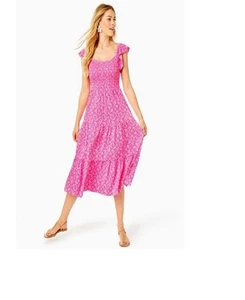 Abito midi nuovo con etichette Lilly Pulitzer Jilly smocked aderente e svasato maniche svolazzanti taglia M - Foto 1 di 3