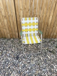 Vintage Aluminum Folding Lawn Chair Yellow/White Webbing Rare - Picture 1 of 8