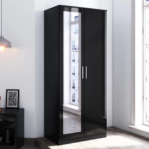 2 Door Wardrobe With Mirror High Gloss Large Storage Cupboard Furniture Black - Picture 1 of 11