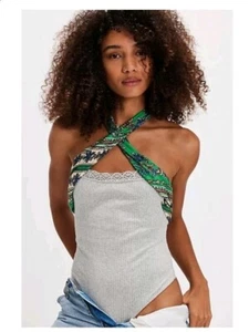 Free People Womens Eyes for U Halter Bodysuit Size S Green GreyCombo Lace - Picture 1 of 8