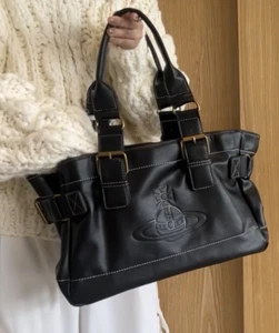 New~Vivienne Westwood Orb Logo Black Leather Tote Shopping Bag*Ready To Ship* - Picture 1 of 15