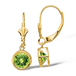 14K Solid Yellow Gold 6mm Peridot Dangle Earrings - Picture 1 of 4