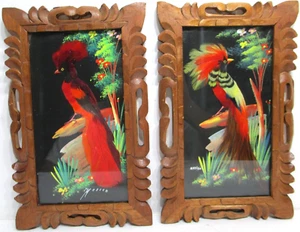 Vintage Mexican Birds Feather-Craft Art Pictures PAIR Carved Cedar Frame 11" T - Picture 1 of 13