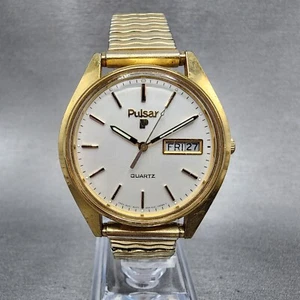 Pulsar Watch Men 36mm White Dial Gold Tone Daydate Round Y563-8449 New Battery - Picture 1 of 15