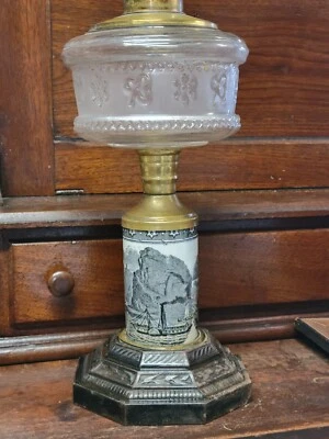c1880s Transferware Steam Ship Composite Oil Lamp Porcelain/Cast Iron Antique - Image 1 of 4