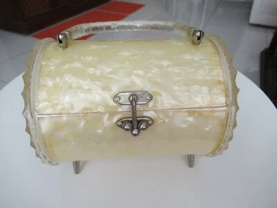 Vintage Rialto Lucite Pearlized & Clear Faceted Handled Hinged Barel Purse BEST$ - Image 1 of 4