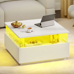 LED Coffee Table with 2 Drawers Wooden Center Cocktail Table for Living Room - Picture 1 of 16