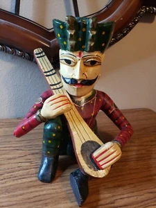 Large Indian Polychrome Hand Carved Wooden RAJASTHANI Musician Statue Sculpture - Picture 1 of 10