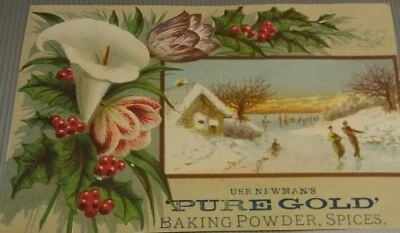 Antigua tarjeta comercial victoriana Newman's POLVO DE HORNEAR Y ESPECIAS DE ORO PURO  Foto 1 de 2