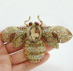 Vintage Retro Style Bee Insect Brooch Pin Pendant Brown Crystal Rhinestone - Picture 1 of 3