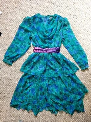 Vestido Vintage Gasa Años 70 Verde Azul Transparente Romántico Glamoroso XS/S Floral Boho Foto 1 de 4