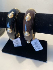 Cookie Lee Two Hinged Bangle Bracelets Brown & Gold Black & Gold Faux Pearl - Picture 1 of 3