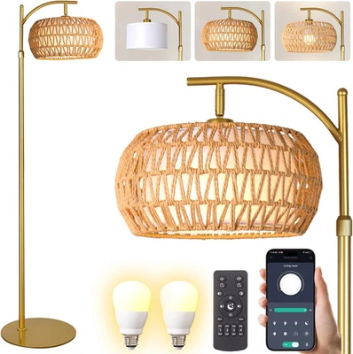 Gold Boho Rattan Floor Lamp W/Remote, Dimmable (2700K - 6000K), 2 - in - 1 Wicke - Image 1 of 4