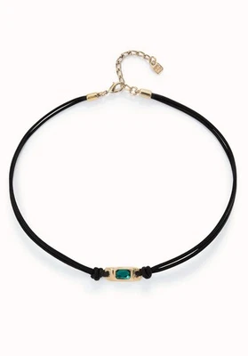 NUEVO Collar Doble Cuero Uno de 50 con Cristal Esmeralda-Dorado con Bolsa y Bolso Foto 1 de 4