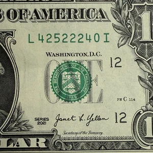 Quad 4 of a Kind 2s Fancy Serial Number One Dollar Bill L42522240I - Picture 1 of 6