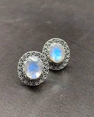 Gemelli in argento 925 ossidato pietra di luna arcobaleno naturale gioiello... - Immagine 1 di 4