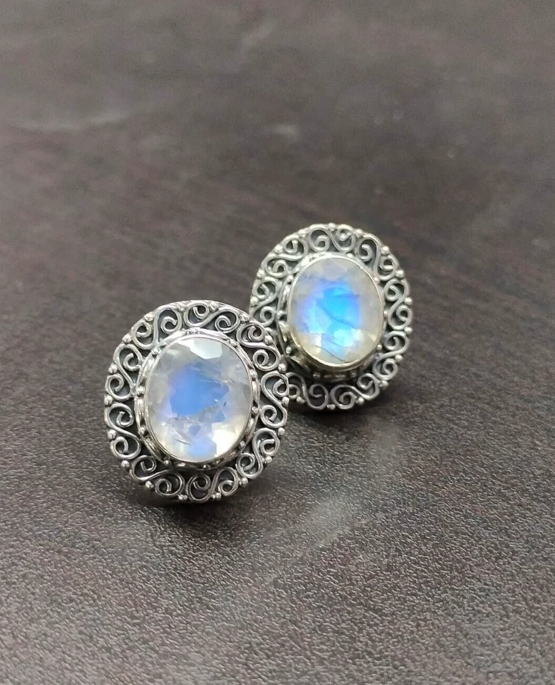 Gemelli in argento 925 ossidato pietra di luna arcobaleno naturale gioiello... - Immagine 1 di 4