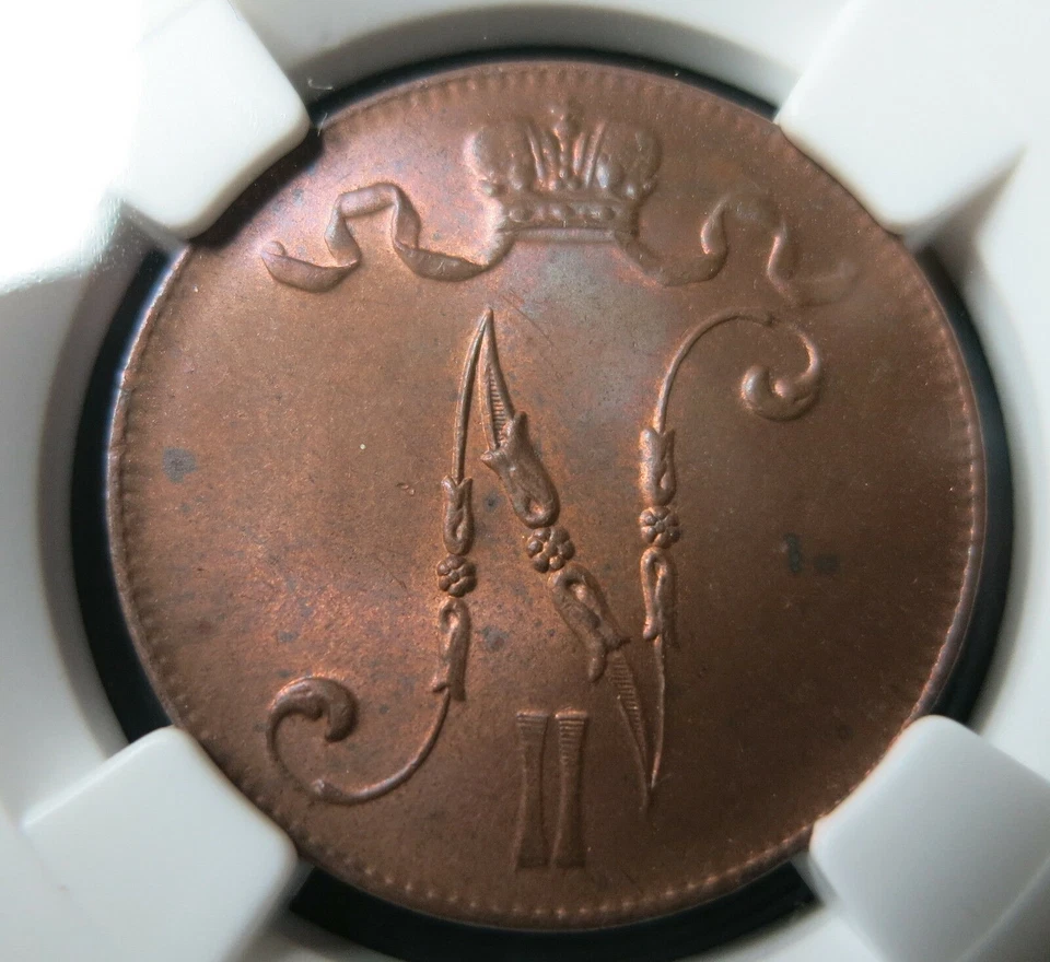 FINLAND RUSSIA 5 Pennia 1916 NGC MS 64 RB Red UNC Bronze Baltic Tsar Nicholas - Image 1 of 4