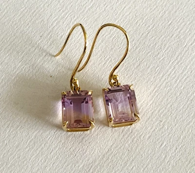 New. 9ct Yellow Gold Natural Brazilian Ametrine Drop Earrings 8*10. Gift Box. — 第 1/4 张图片