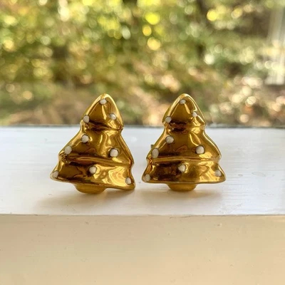 Gemelos Vintage Hombre Árboles de Navidad Cerámica Tono Dorado y Blanco ÚNICOS Foto 1 de 4