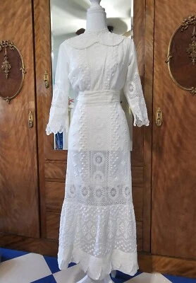 Stunning Edwardian Lace & Embroidered  White Cotton Tea  Day Dress - Image 1 of 4