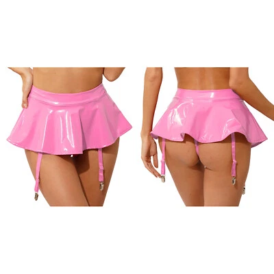 Women Wet Look Patent Leather Mini Skirt Garter Belt Pleated Skirt Clubwear - Image 1 of 4