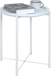 Mesa redonda bandeja de metal con acento sofá mesa lateral para sala de estar dormitorio blanco - Imagen 1 de 6