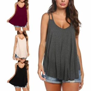 Women's Spaghetti Strap Tunic Tank Top Loose Fit Casual Blouse Soft Flowy Long - Picture 1 of 15