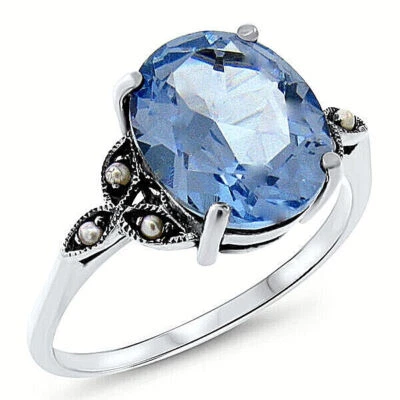 ANILLO PERLA AGUAMARINA 5 QUILATES SIMULADA PLATA ESTERLINA 925 ESTILO VICTORIANO 385X Foto 1 de 3