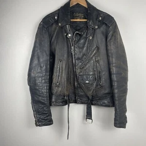 VTG 60's-70's Sears Roebuck Leather Motorcycle Jacket Black Faded Size 42L Biker - Picture 1 of 9