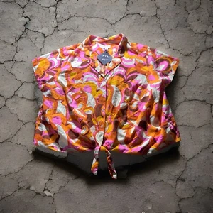 Ava & Viv Shirt Womens Plus 3X Orange Pink 70s Tie Waist Button Psychedelic Top - Picture 1 of 10