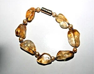 Vintage Citrine, Freshwater Pearls & Gold Spacers Magnetic Clasp 6.75" Bracelet - Picture 1 of 4