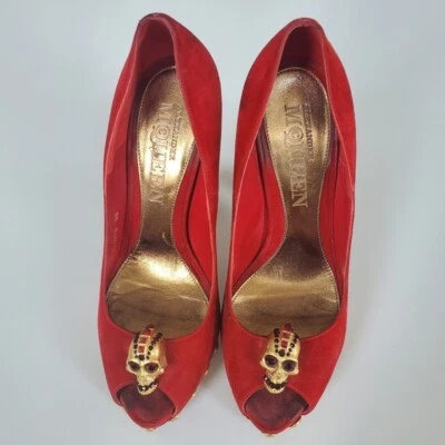 Alexander McQueen Rojo Gamuza Calavera Peep Toe Plataforma Para Mujer Talla 38 EU 8 EE. UU. Foto 1 de 4