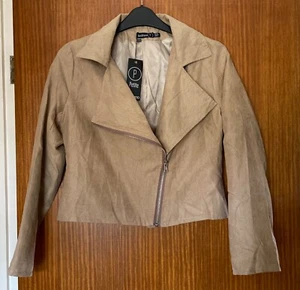 boohoo beige petite suedette biker jacket Size 10 BNWT - Picture 1 of 6