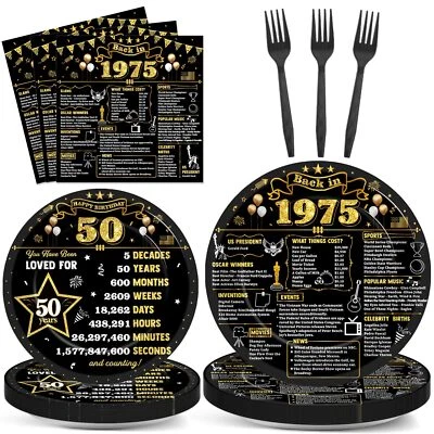 96 Piezas Platos y Servilletas 50 Cumpleaños En 1975 Decoraciones Fiesta Negro G... Foto 1 de 4