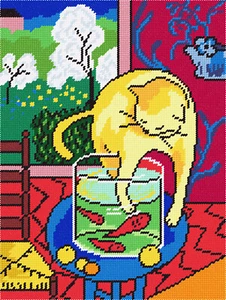 DIY Printed Tapestry Kit "Cat with Fish", size 14.2x18.5 in / 36x47 cm, Brvsk - Afbeelding 1 van 1