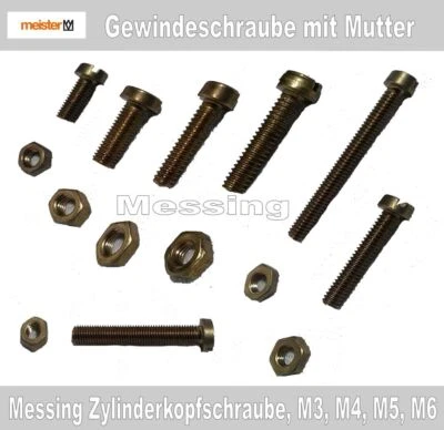 Messing Zylinderkopfschraube Gewindeschrauben m. Mutter, Schlitzantrieb - Bild 1 von 4