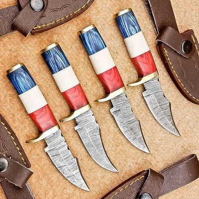 4 Pcs Damascus Blade Skinner Knives Set | 6" | Camel bone, Leather Sheath 2968 - Image 1 of 4