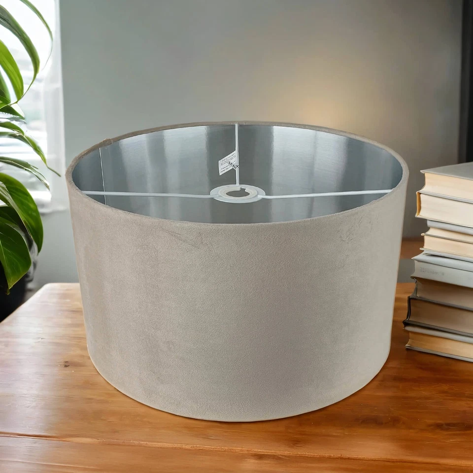 Paralume IN Tessuto Rotondo Velluto Ø 38 CM E27 E14 Taupe Argento per Lampada - Immagine 1 di 4