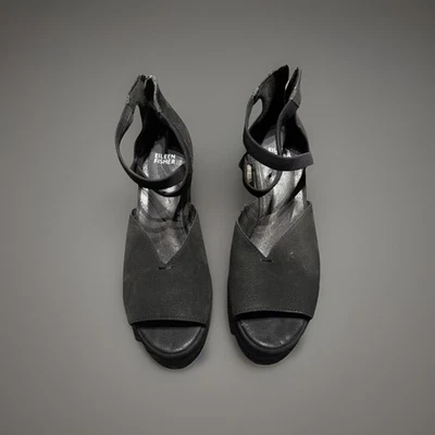 Eileen Fisher 黑色楔形高跟鞋女式 8 码踝带拉链 — 第 1/4 张图片